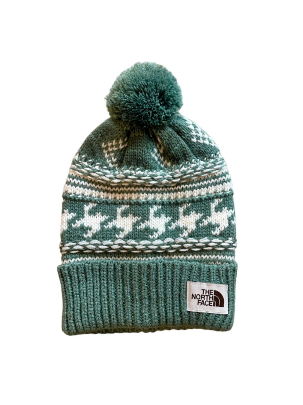 The North Face Fair Isle Beanie Laurel Wreath Green Pom Knit Hat NWT OS
